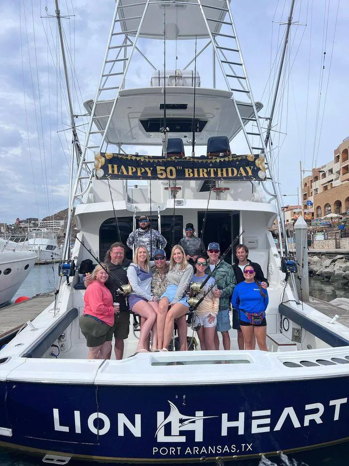 Aerial view Lion Heart crew and guest with large mahi-mahi offshore Cabo San Lucas